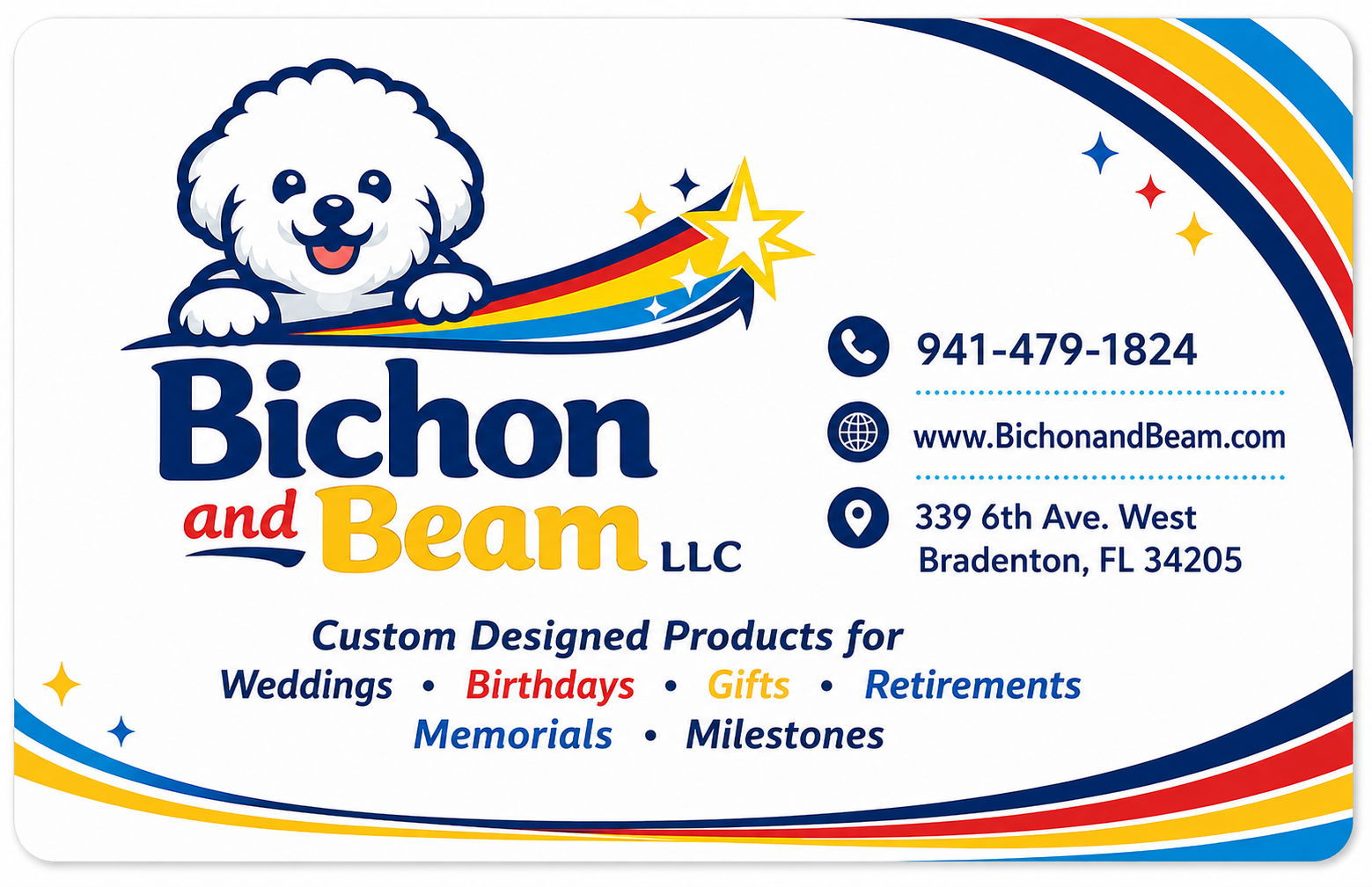 Bichon and Beam LLC business card with custom product information
